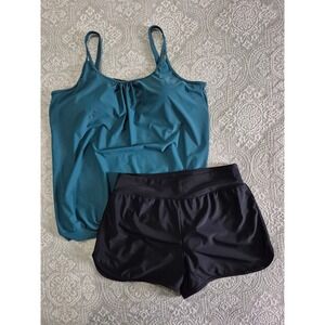 Ocean Blues Teal Blouson Tankini Top and Black Swim Shorts Set Swimsuit XL